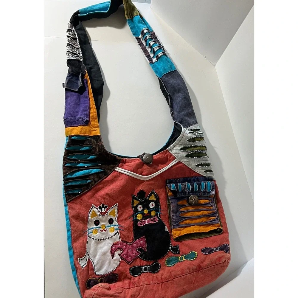 Cotton Made in Nepal Boho Distressed Cat Purse Bag Embroidered Applique‎ Details